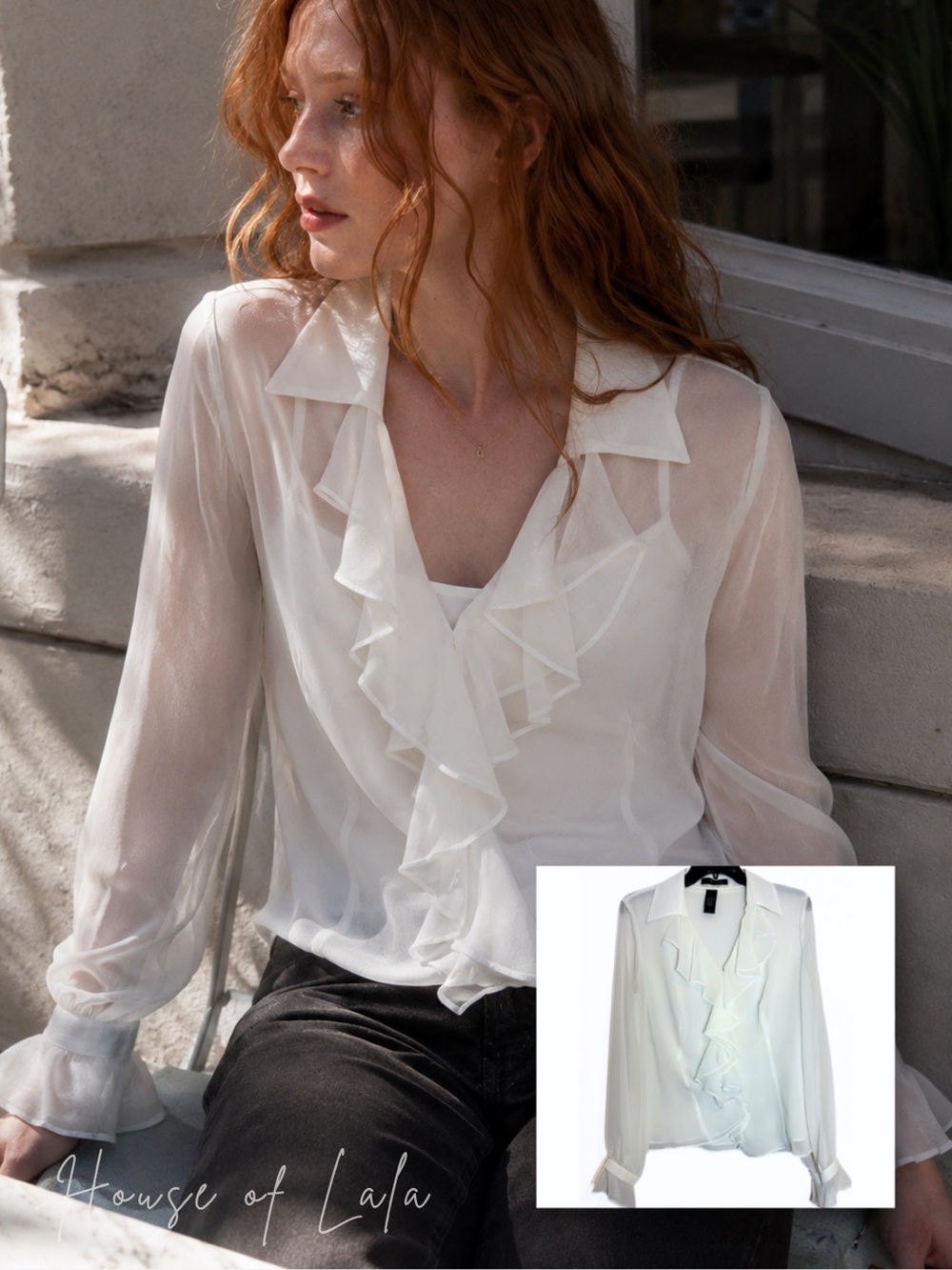 90s White Ruffle V-Neck Sheer Button Up Blouse. Ruffle Top. - Picture 2 of 9